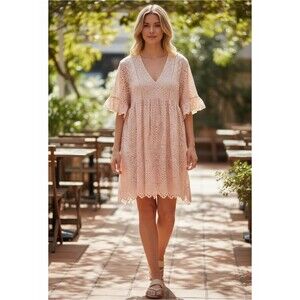 Akemi + Kin ANTHROPOLOGIE Boho Blush Eyelet Embroidered Swing Dress 2